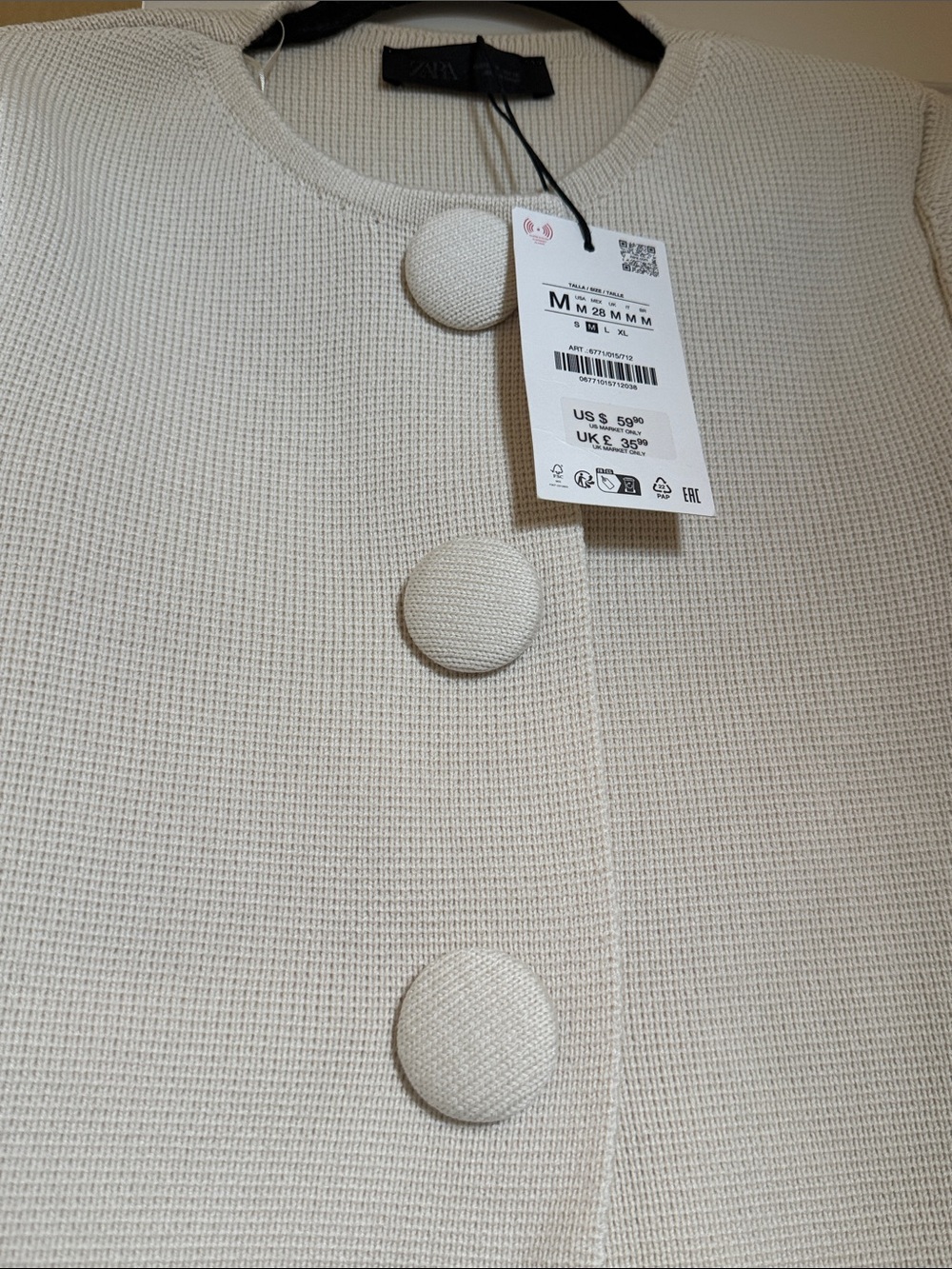 Zara NWT Cropped Ivory Textured Button-Front Jacket Medium - Picture 7 of 10